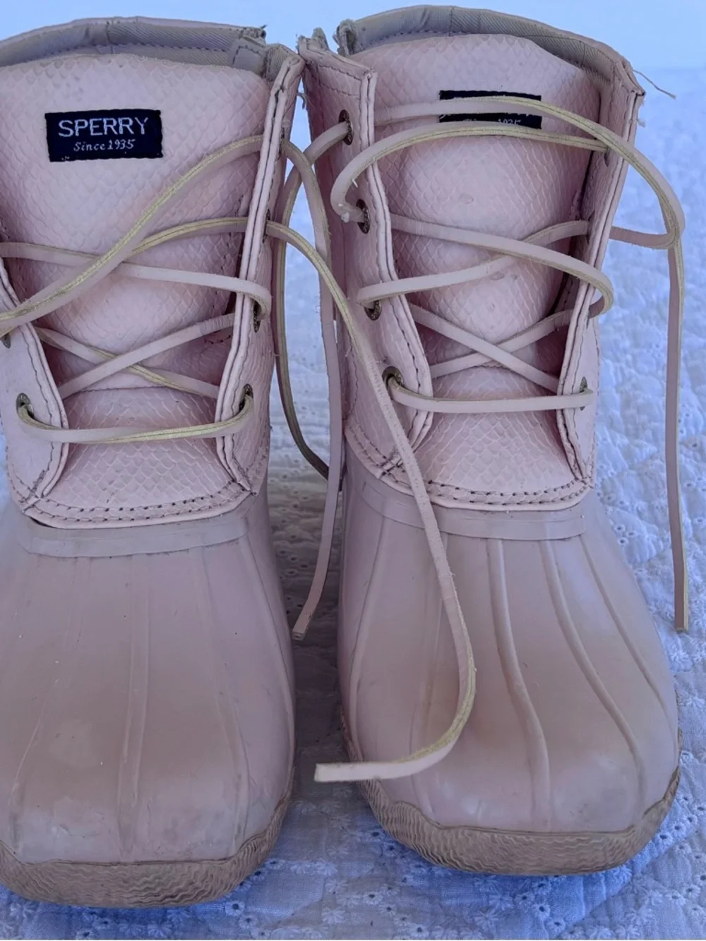 Sperry Duck Boots Girls Size 3 Pink Khaki Waterproof Lace Up Rain Boots